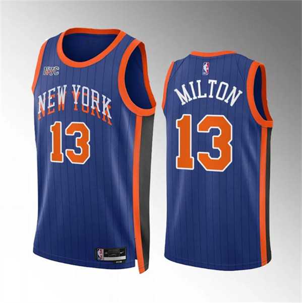 Mens New Yok Knicks #13 Shake Milton Blue 2023-24 City Edition Stitched Basketball Jersey Dzhi